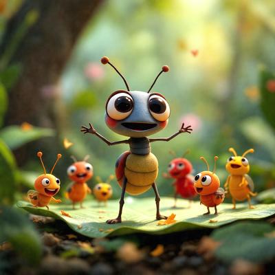 The primary subject of the image is a cartoon-like character, possibly a grasshopper or a similar insect, standing in a forest-like setting. The character is surrounded by several smaller insects, creating a lively and playful atmosphere. The visual style of the image is a combination of photo and digital art, giving it a unique and creative appearance. The colors and mood of the image are vibrant and cheerful, with the main character and the smaller insects all displaying a sense of joy and liveliness.